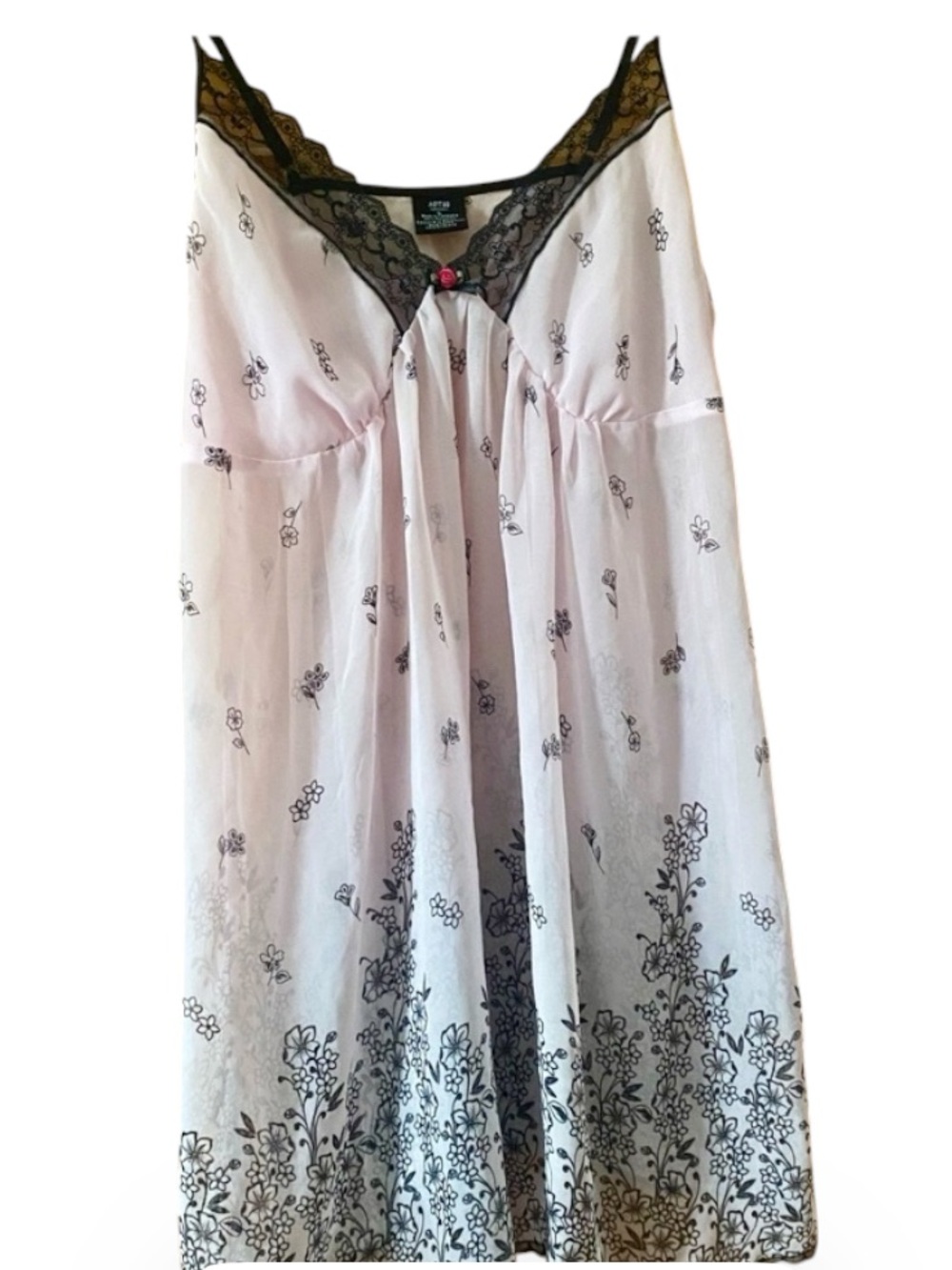 Apt 9 Y2K Pink Floral Babydoll Chemise Black Lace Slip Nightgown L